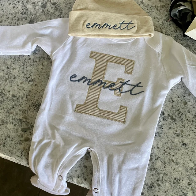 Personalized Neutral Baby Romper And Hat Set, Custom Infant Boy Coming Home Outfit