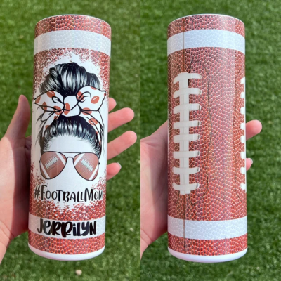 Football Mom 20OZ Skinny Tumbler, Bun Hair American Football Tumbler