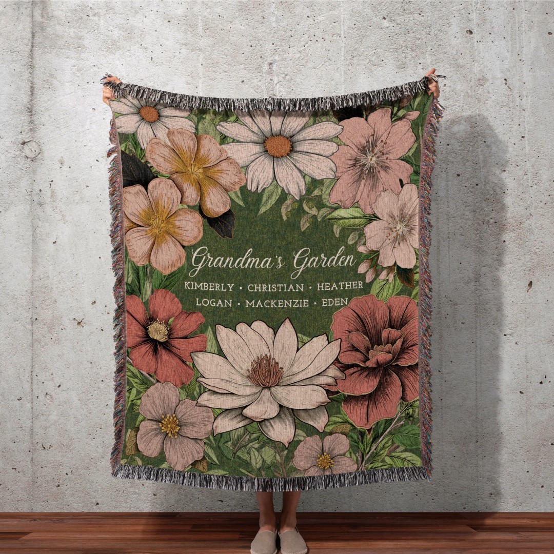 Grandma's Garden Blanket | Personalized Birth Flower Woven Throw with Family Names | Custom Gift for Grandparents