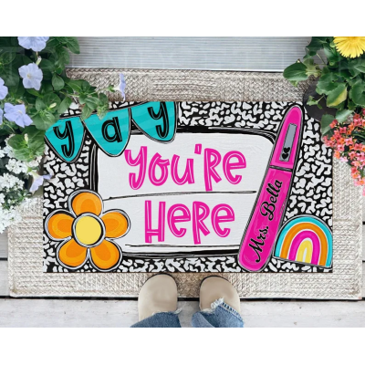 Yay You're Here, Classroom Decor, Welcome Mat, Personalized Teacher Doormat, Composition Notebook Doormat, Custom Teacher Gift, Back To School