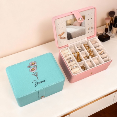 Ein Reise-Kosmetikkoffer, verziert mit Geburtstagsblumen und ihrem Namen, mit multifunktionalem Spiegel und Stauraum für Schmuck/Kosmetik – das perfekte Geburtstagsgeschenk für sie.