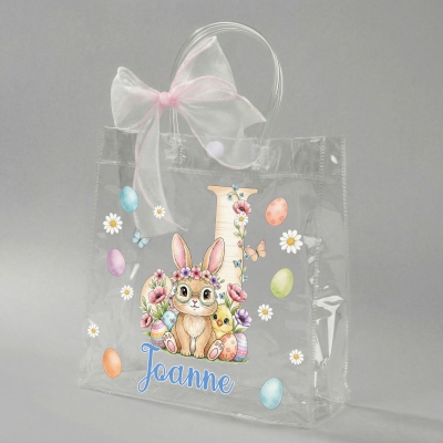 Personalisierte Ostergeschenktasche mit Namen, Blumenmuster, Hasenmotiv und rosa Schleife, durchsichtige PVC-Ostereiersuche-Tasche, Ostergeschenk für Kinder/Mädchen/Jungen