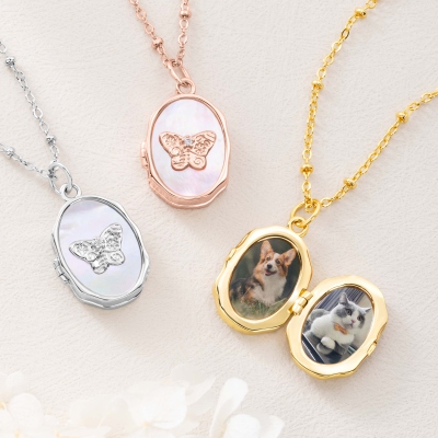 Personalized 1-2 Photos Butterfly Shell Oval Locket Necklace, Dainty Picture Jewelry, Birthday/Anniversary/Memorial Gift for Her/Mom/Family/Pet Lovers