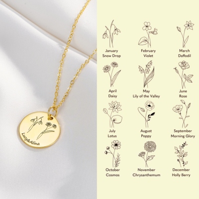 Personalized Birth Flower Necklace with Engraved 1-3 Name, Minimalist Jewelry, Christmas/Birthday/Mother's Day Gift for Sisters/Best Friends/Mom/Her