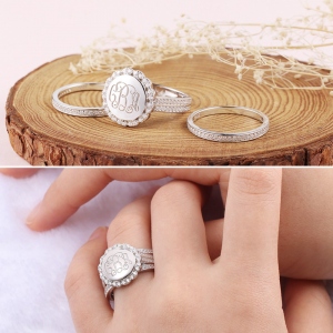 Monogrammed Cubic Zirconia Stacked Silver Ring