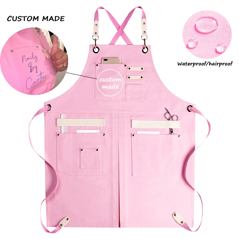 Personalized Name or Logo Women's Canvas Apron with Adjustable Straps and Large Pockets, Florist Nail Tech Water-Resistant Waitress Aprons, Gift for Her