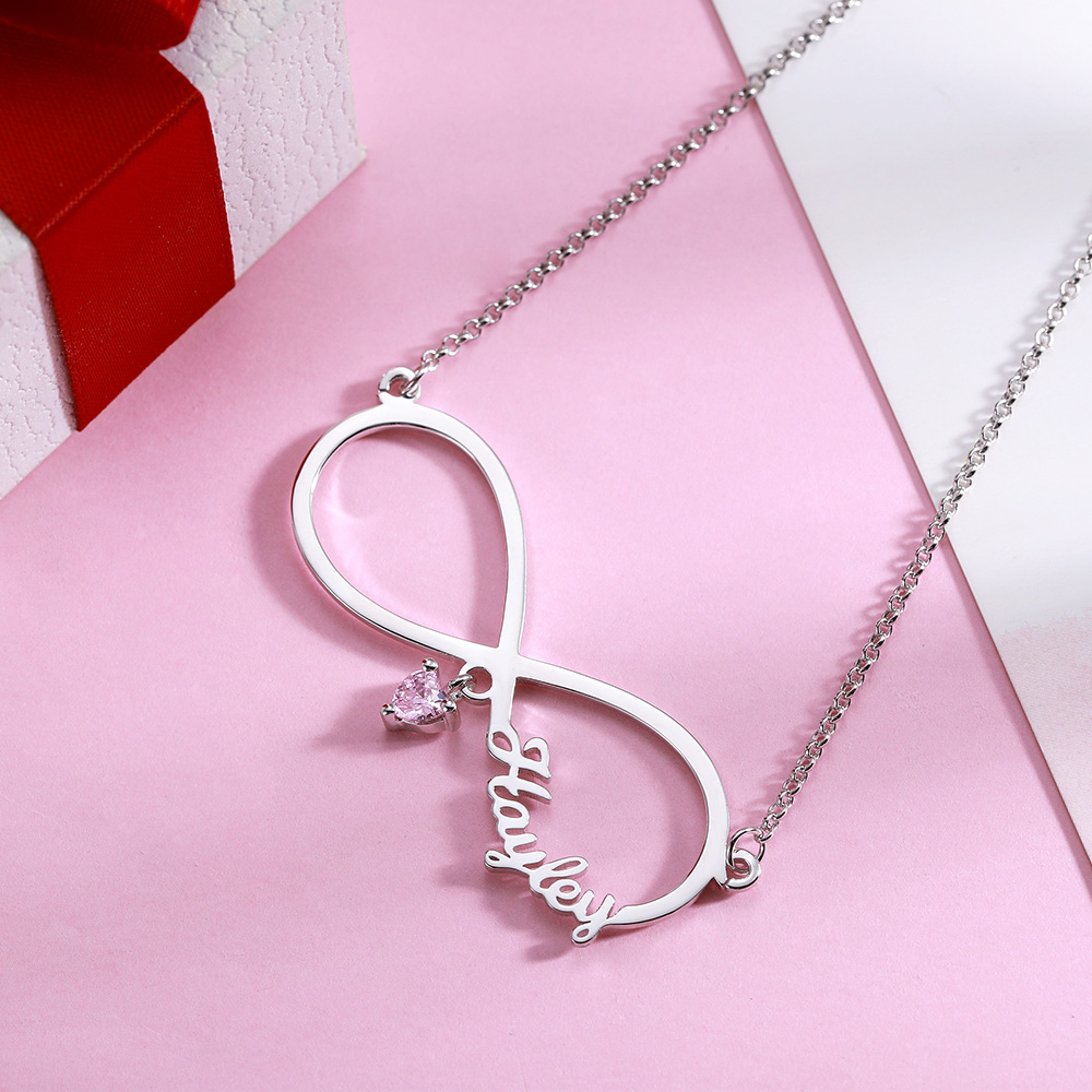 Colar com nome infinito personalizado com pedra de nascimento em prata