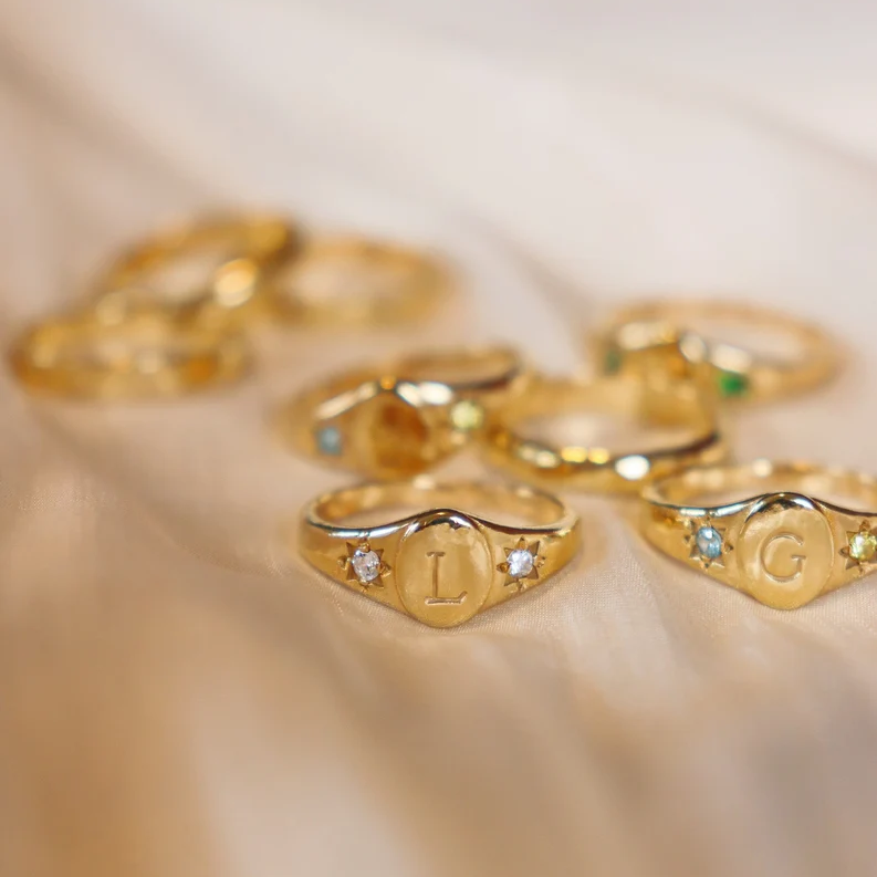 925 Sterling Silver Birthstones Signet Initial Ring, Birthstone Ring, Gemstone Gold Ring