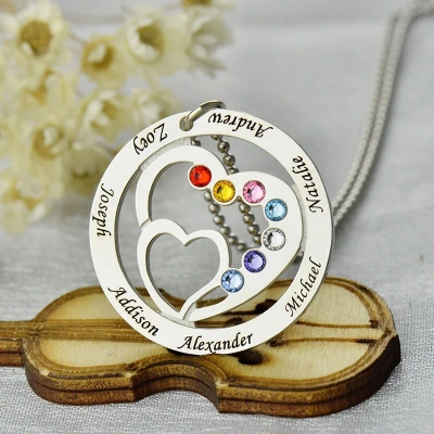 Custom Heart In Heart Birthstone Name Silver Necklace, Mother's Day Gift for Grandparents