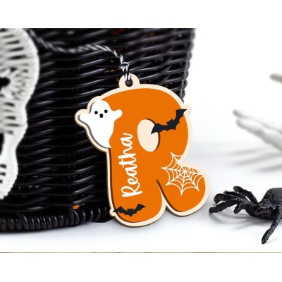 Custom Initial Name Halloween Basket Tag with Kids Name, Spooky NameTag, Backpack Name Tag for Kids, Boo Basket Tag, 3D Wooden Halloween Tag
