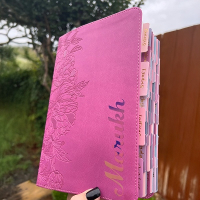 Personalized Pink Floral NLT Size Giant Print Bible – Custom Glitter Name, Leather Touch, Ombre Tabs, Red Letter Highlight