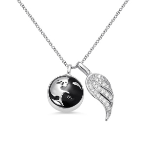 Collar de urna de ala de ángel de gato Yin Yang personalizado en plata