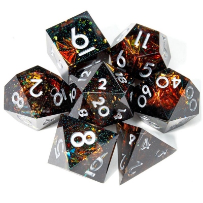 Holographic Foil Handcrafted Polished Polyhedral Black Resin Sharp Edge DND Dice Set, Galaxy Dice, Holographic Dice, Sparkly Dice, Resin Dice