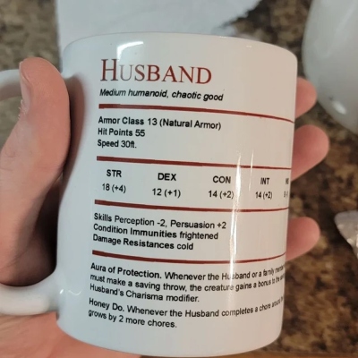 Doldols Husband | Wife Stat Block 11oz Ceramic Mug, Gift  for DND or Other RPG Couples