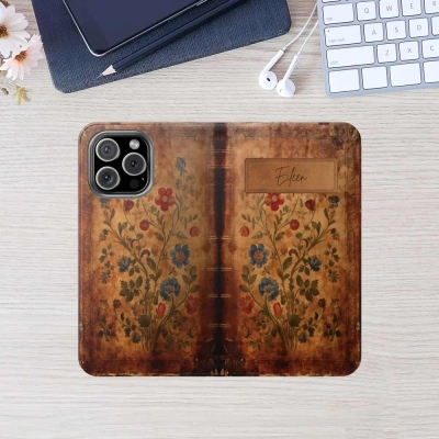 🎁Buy 2 FREE SHIPPING🎁 Custom Floral Spell Book Wallet Phone Case - Customizable Vegan Leather iPhone Cover, Cute Vintage Aesthetic Gift, Magic Witch F1