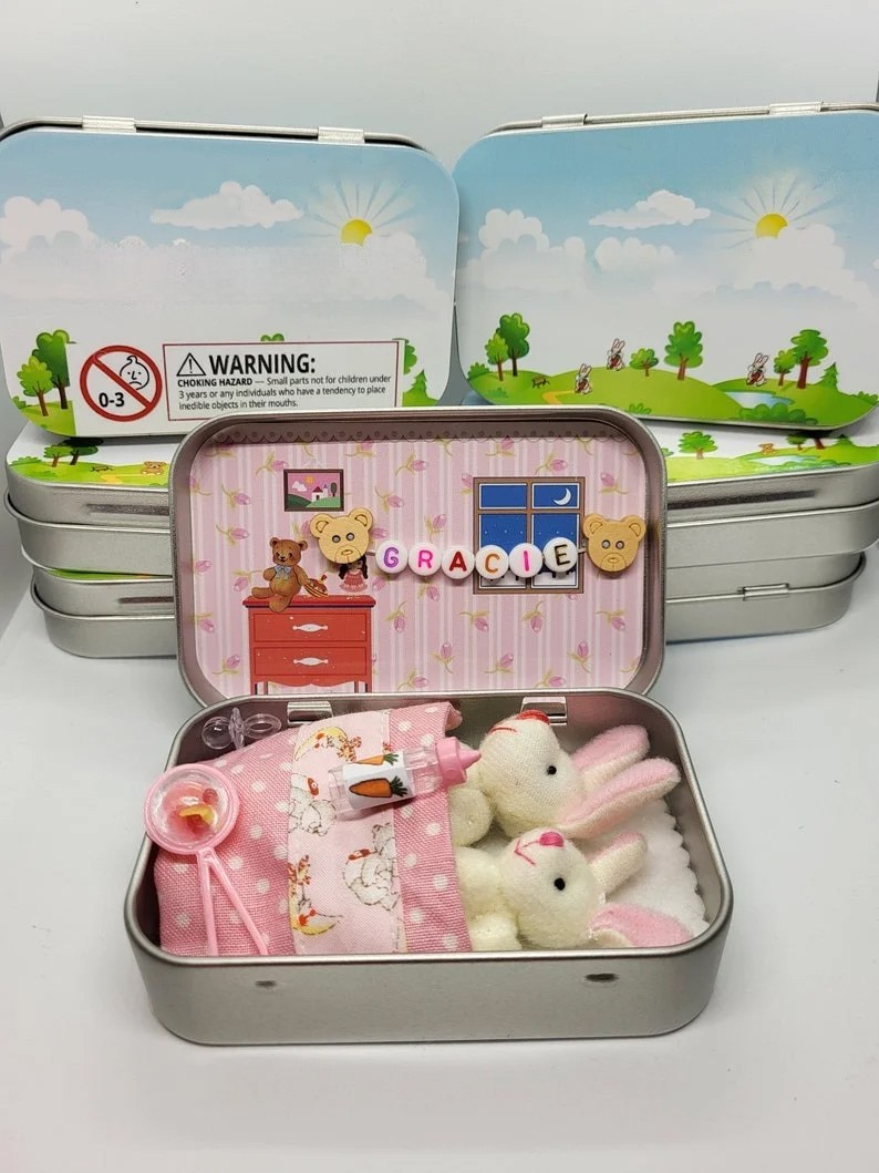 Bunny mummy tiny plush pocket tin/bunny mummy gift/mummy baby bunny/anxiety gift tin/cute bunnies Easter gift/chocolate free birthday tin