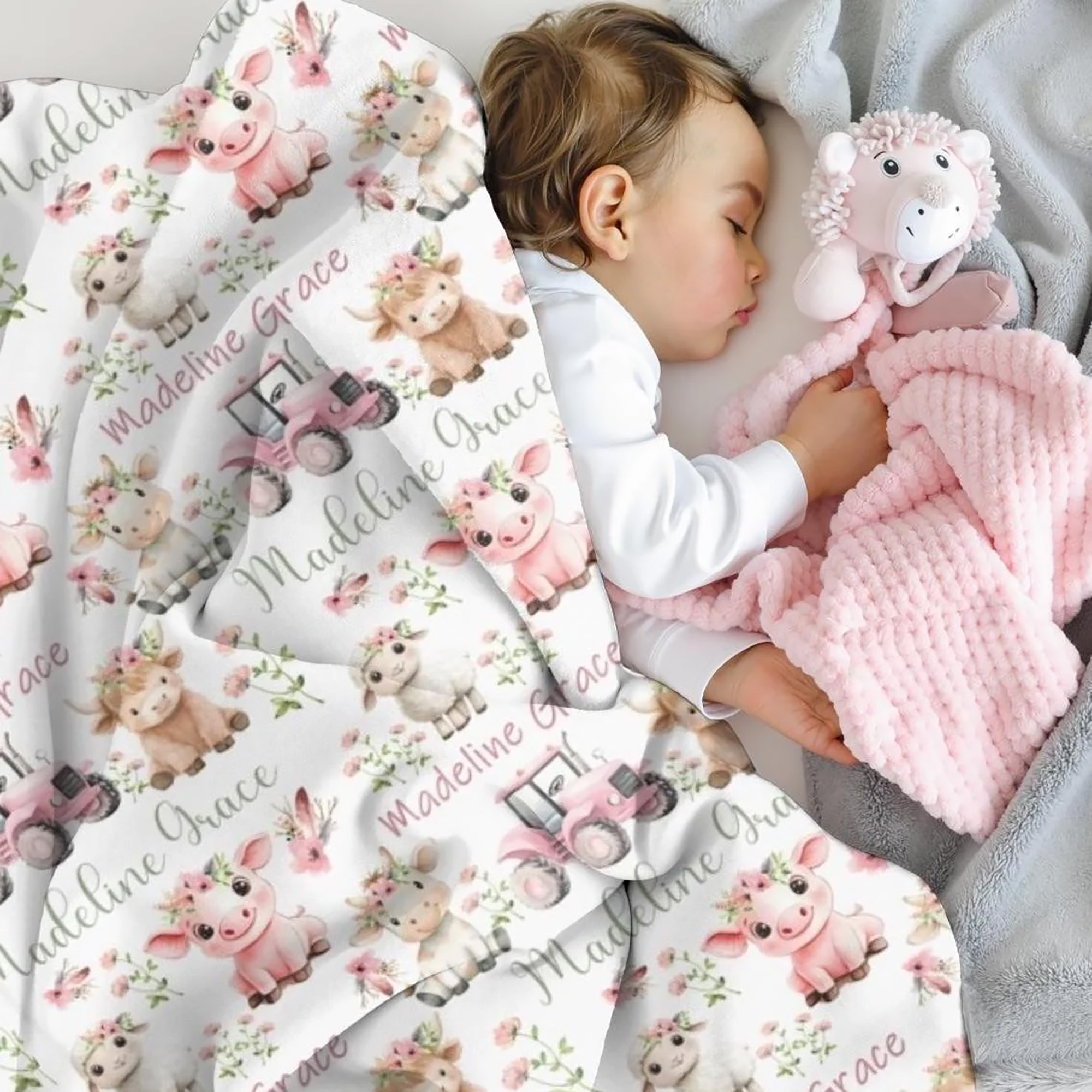 Baby Farm Animals Minky Blanket - Custom Name Newborn Swaddle (Pink Tractor/Pig/Cow/Sheep)