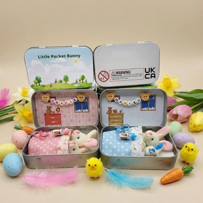 Personalisierte Plüschdose mit Babyhase und Mama, Namensperlen, niedliches Geschenkset gegen Angstzustände, Oster-/Geburtstags-/Weihnachtsgeschenk für Kinder