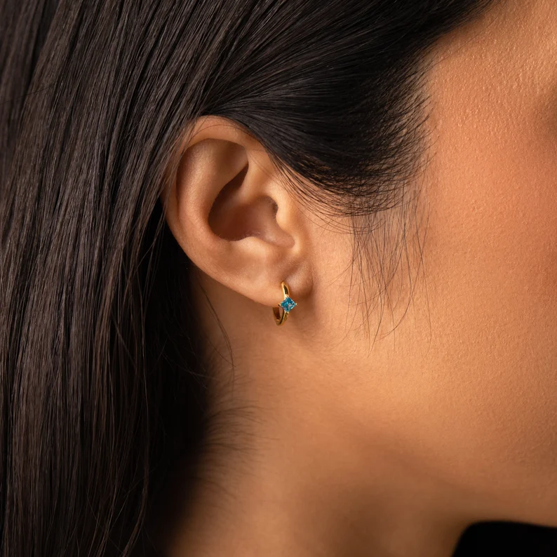 Minimalist Birthstone Earrings, Unique Month of Birth Earrings, Dainty Diamond Hoops