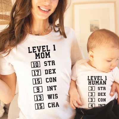 Parent-Child DND T-Shirt Customized "Level1 Mom And Level1 Human" T-Shirt, DND Baby Clothes As A New Baby Gift, Baby Shower Custom Mother Day Gift