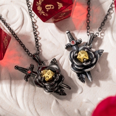 Custom Birthstone Retro Dark Rose Dice Necklace, D20 Necklace, Birthstone Necklace, Sliver Necklace, Valentines Gift, DND Gifts