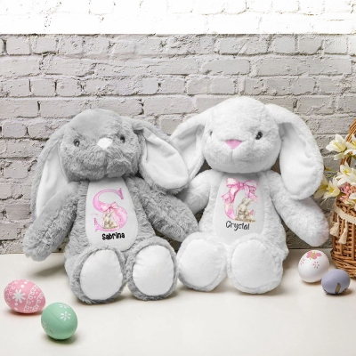 Personalized Pink Bow Initial Bunny Doll Toy with Name, Soft Plush Rabbit Stuffed Animal Keepsake, Easter Decor, Birthday/Easter Gift for Kids/Girls