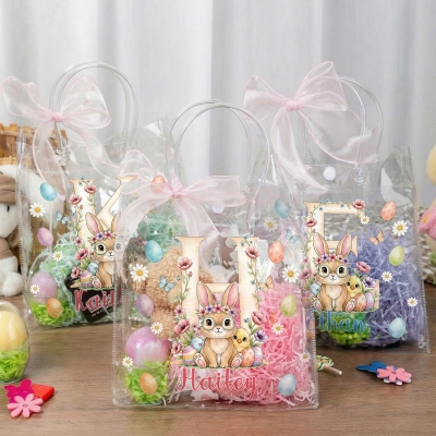 Personalized Name Floral Bunny Alphabet Easter Gift Bag with Pink Bow Ribbon, PVC Clear Easter Egg Hunt Bag, Easter Gift for Kids/Girls/Boys