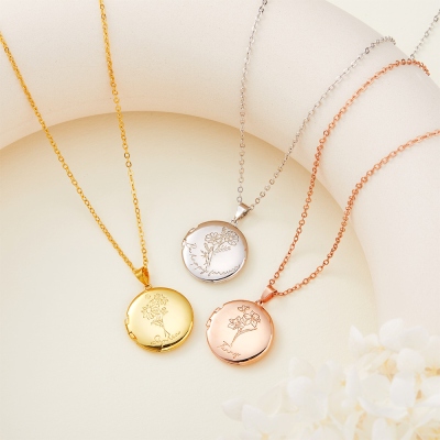 Personalized Birth Flower Locket Necklace with Memorial Photo, Custom Name Engraved Sterling Silver Necklace for Women, Gift for Mom/Grandma/Family