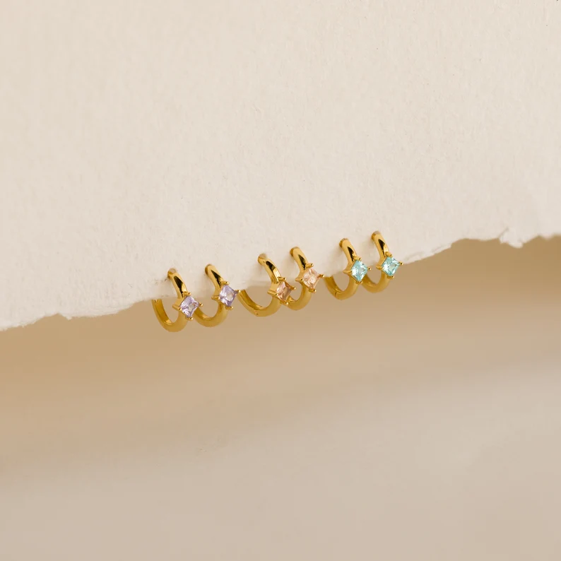 Minimalist Birthstone Earrings, Unique Month of Birth Earrings, Dainty Diamond Hoops