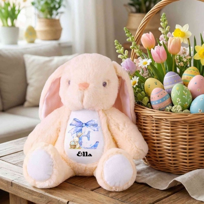 Personalized Pink Bow Initial Bunny Doll Toy with Name, Soft Plush Rabbit Stuffed Animal Keepsake, Easter Decor, Birthday/Easter Gift for Kids/Girls