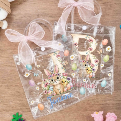 Personalized Name Floral Bunny Alphabet Easter Gift Bag with Pink Bow Ribbon, PVC Clear Easter Egg Hunt Bag, Easter Gift for Kids/Girls/Boys