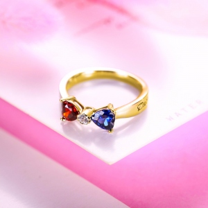 Custom Heart Birthstone Bow Couples Names Ring Sterling Silver