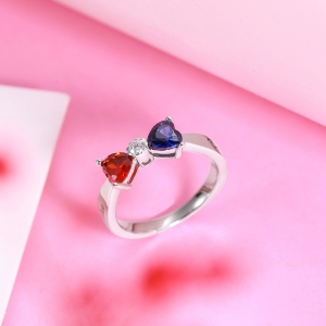 Custom Heart Birthstone Bow Couples Names Ring Sterling Silver