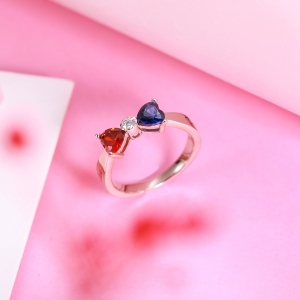 Custom Heart Birthstone Bow Couples Names Ring Sterling Silver
