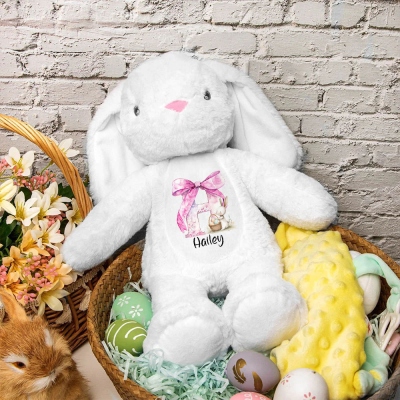Personalisiertes Hasen-Puppenspielzeug mit rosa Schleife und Namen, Weicher Plüschhase, Kuscheltier, Osterdekoration, Geburtstags-/Ostergeschenk für Kinder/Mädchen