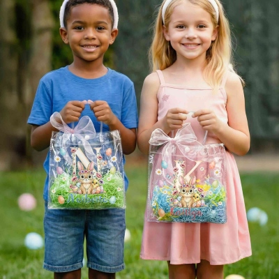Personalisierte Ostergeschenktasche mit Namen, Blumenmuster, Hasenmotiv und rosa Schleife, durchsichtige PVC-Ostereiersuche-Tasche, Ostergeschenk für Kinder/Mädchen/Jungen