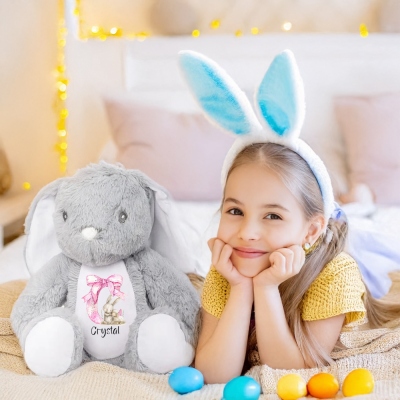 Personalisiertes Hasen-Puppenspielzeug mit rosa Schleife und Namen, Weicher Plüschhase, Kuscheltier, Osterdekoration, Geburtstags-/Ostergeschenk für Kinder/Mädchen