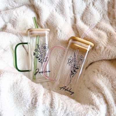 Birth Flower Coffee Cup Personalized Glass Cup With Handle Tea Cup Custom Glass Tumbler With Birth Flower Mug Ice Coffee Cup Gift For Her