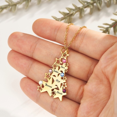 Personalized Star Christmas Tree Necklace with 1-5 Names and Birthstones, Family Name Necklace, Women's Jewelry, Christmas Gift for Mom/Grandma/Her