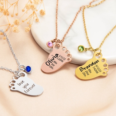 Personalisierte Halskette mit graviertem Babyfußabdruck und Geburtsstein, Geschenk zur Geburtsanzeige, Babyparty-Geschenk, Muttertagsgeschenk für frischgebackene Mütter