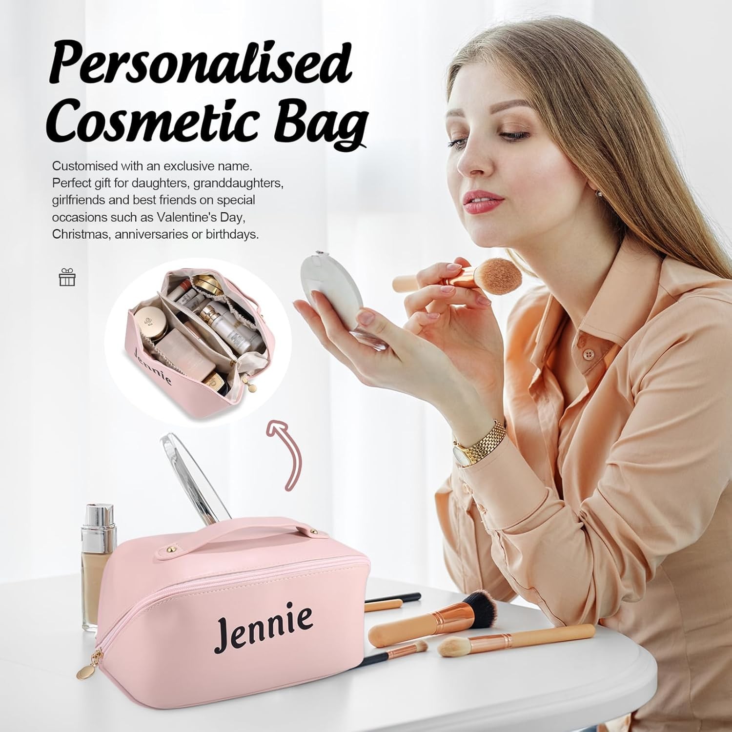 Personalized Leather Makeup Bag with Birth Flower –Large Capacity, Customized for Bridesmaids! Personalize with Name - Ideal Gift for Her