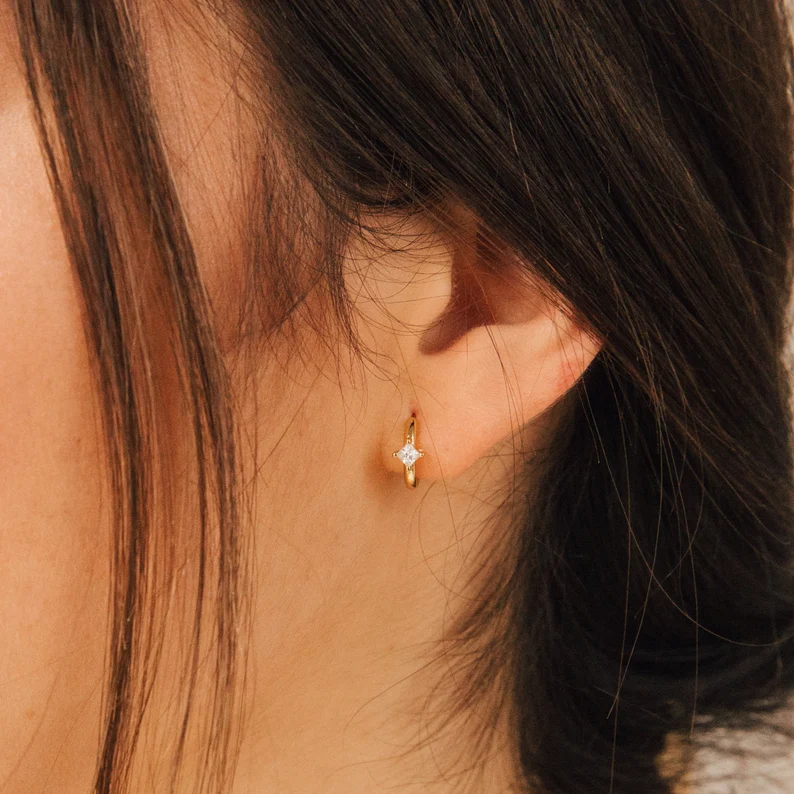 Minimalist Birthstone Earrings, Unique Month of Birth Earrings, Dainty Diamond Hoops