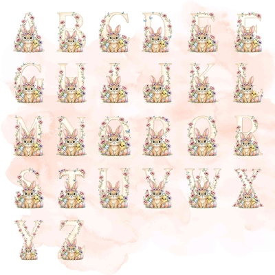 Personalized Name Floral Bunny Alphabet Easter Gift Bag with Pink Bow Ribbon, PVC Clear Easter Egg Hunt Bag, Easter Gift for Kids/Girls/Boys
