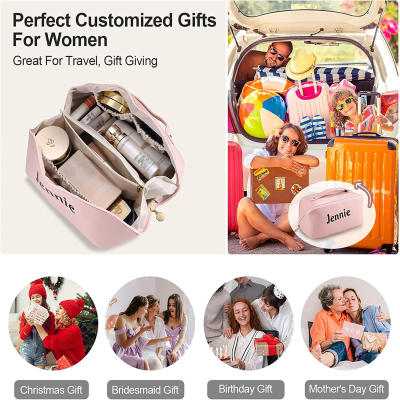 Personalized Leather Makeup Bag with Birth Flower –Large Capacity, Customized for Bridesmaids! Personalize with Name - Ideal Gift for Her