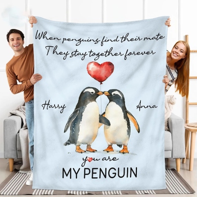 🎁Free Personalization🎁Personalized Penguin Couple Throw Blanket, Romantic I Love You Gift, Valentine Gifts for Boyfriend, Girlfriend, Gift For Couple Wife Husband