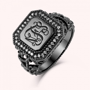 Custom Vine Pattern Square Monogram Ring