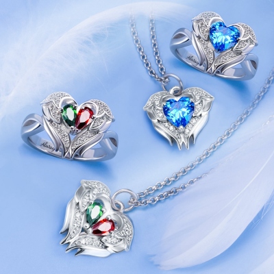 Personalized Angel Wings Birthstone Ring and Necklace