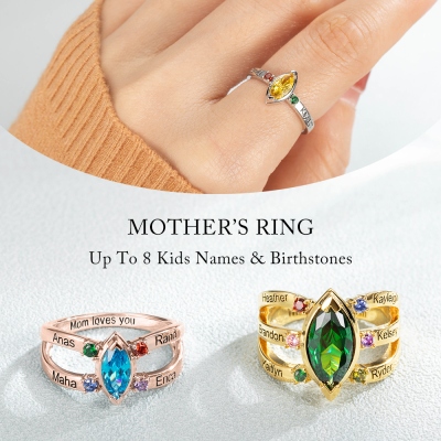 Custom 1-8 Names & Birthstones Marquise Ring, Birthstone Ring, Family Gift, Mother's Day Gift, Birthday/Christmas Gift for Mom/Grandma