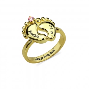 Engraved Baby Feet Birthstones Ring