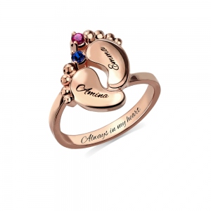 Engraved Baby Feet Birthstones Ring